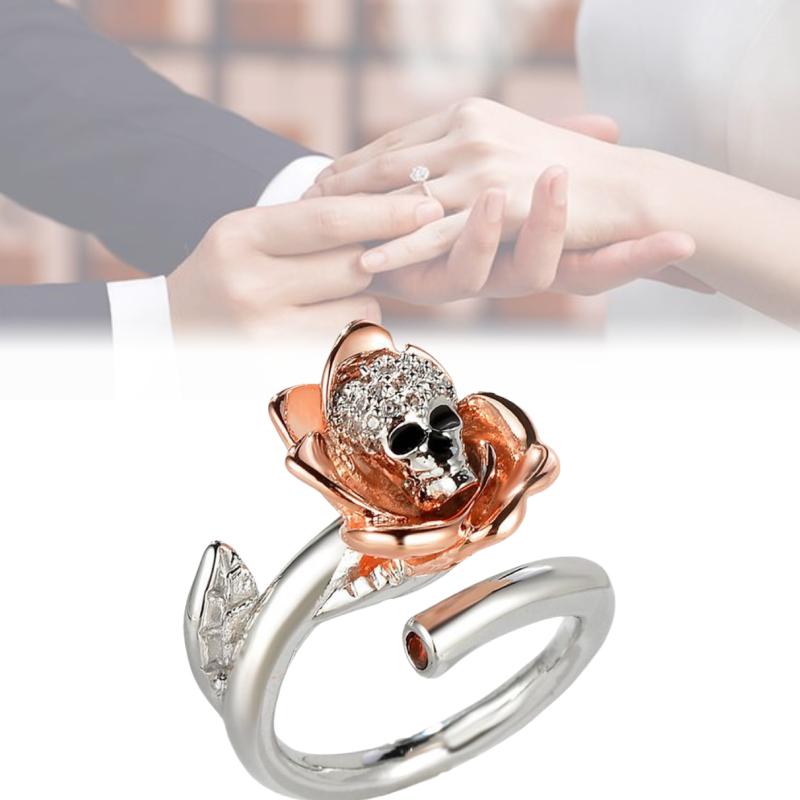 Inlaid Zircon Copper Ring Flower Skull Shape Adjustable Women Accessory Jewelry