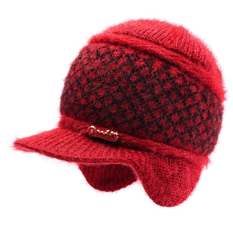Winter Hat Female Old Lady Knitted Wool Hat Piled Thickened Warm and Cold Ear Hat