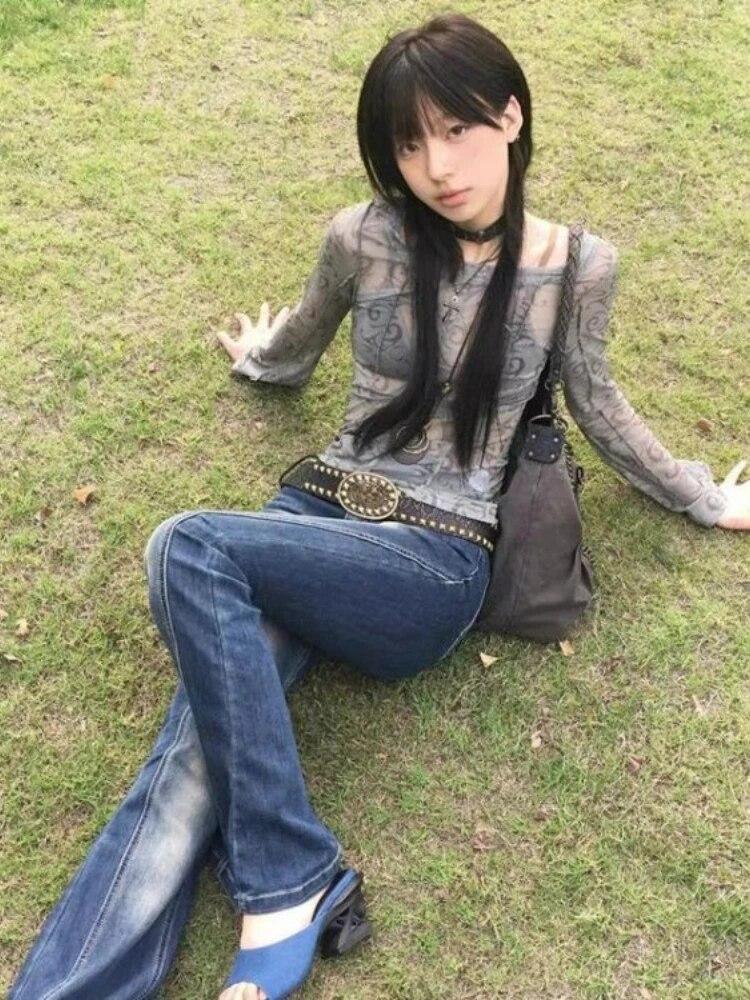 Vintage Print Slim Y2k Aesthetic T-Shirts Women Off Shoulder Sexy Harajuku Streetwear Tops Female Korean Fashion Designer Casual Clothes 2024 New