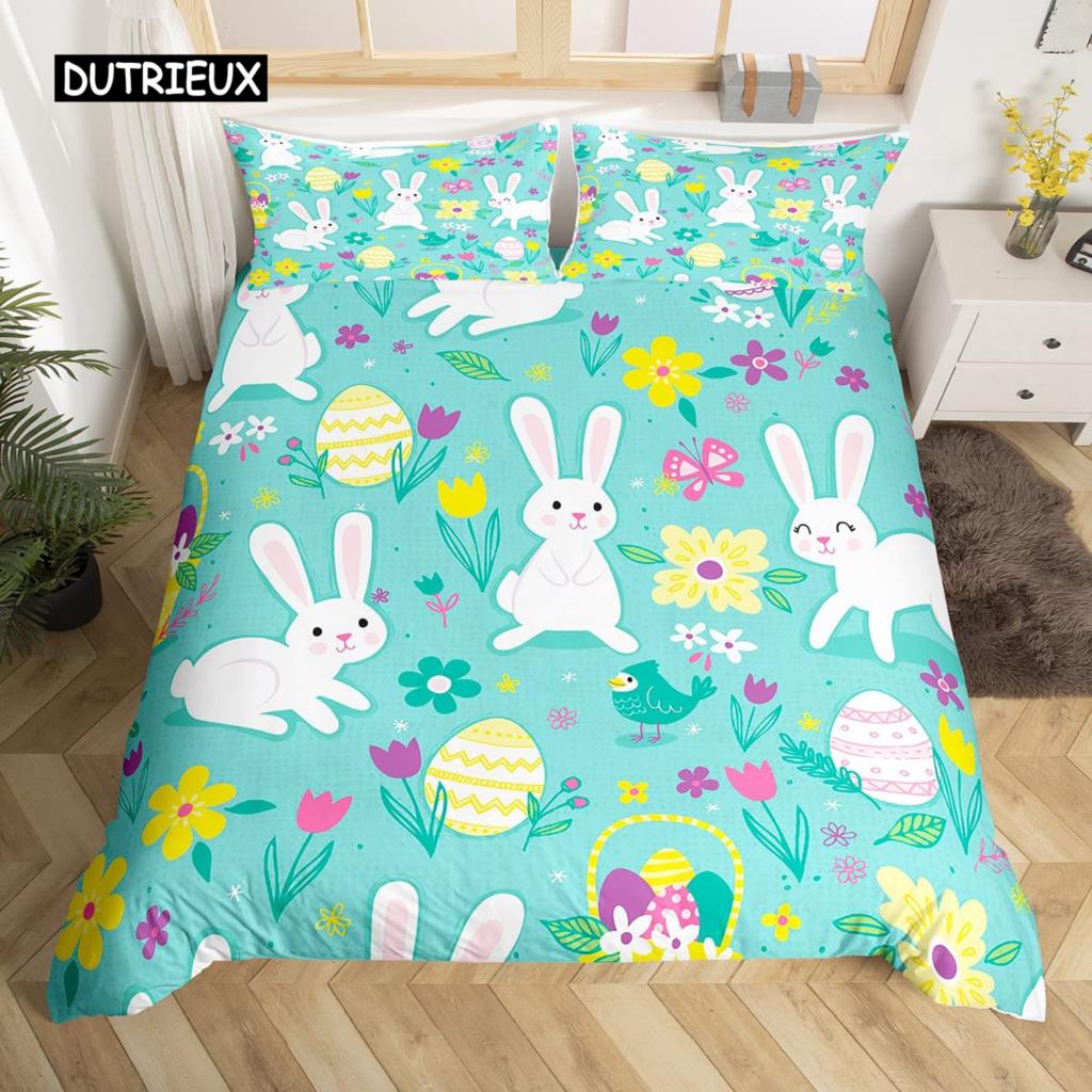 Kawaii Králičí Povlak na Peřinu Roztomilý Mazlíček Zvíře Povlak na Přikrývku Boho Květinový Velikonoční Vajíčka Ložní Set Šťastné Velikonoce Dárky pro Dívky Teenagery