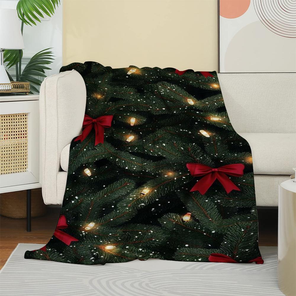 Christmas Tree Lights & Red Bow Fleece Blanket, Festive Snowy Pine Throw Blanket Cozy for Holiday Home Decor & Gift  Portable