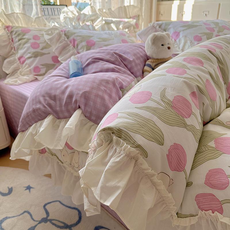 French Lace Bed Four-piece Set Pure Cotton Skin-friendly Comfortable Breathable Washed Bed Sheet Quilt Cover Pillowcase