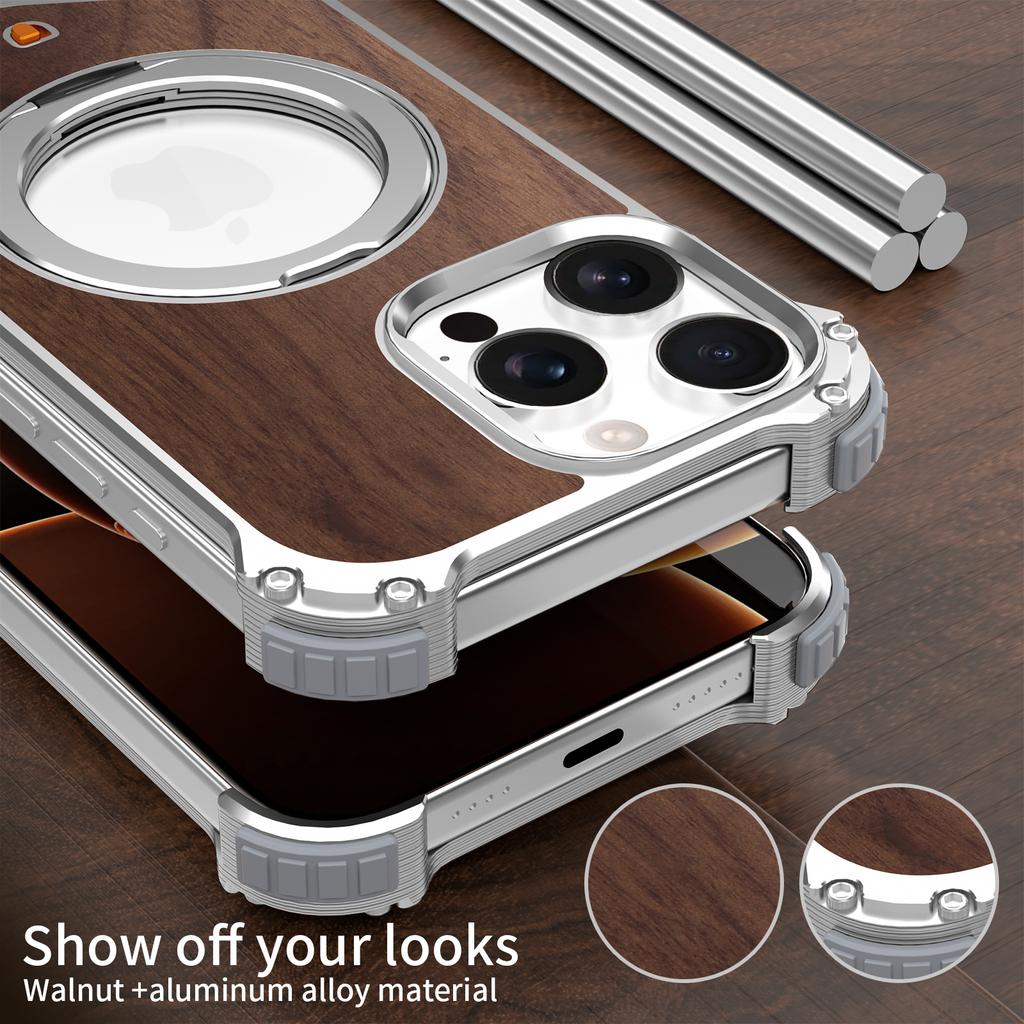 For iPhone 16 Pro Max Magnetic Case Wood + Metal Boardless Phone Back Cover with Ring Kickstand