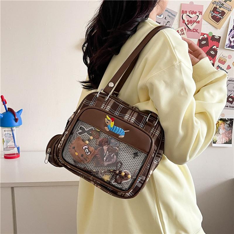 

New Kawaii Women Ita Crossbody Tote Bag Clear Nylon Plaid Small Shoulder Bag JK Girls Pin Display Handbag With Circle Pocket