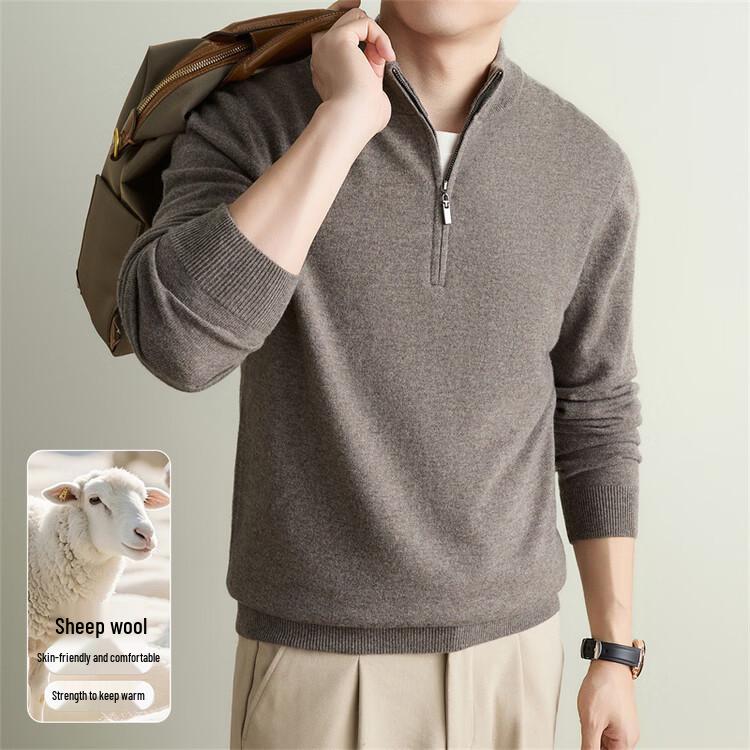Hengyuanxiang Men's 100% Wool Half-Zip Stand Collar Knit Sweater