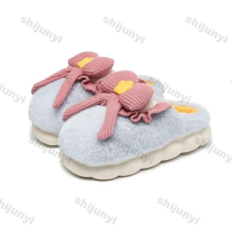 Fashion Women's Plush Slippers Winter Warm Cartoon Bowknot Slippers Closed Toe Non Slip Furry House Shoes Women Indoor Bedroom Slippers