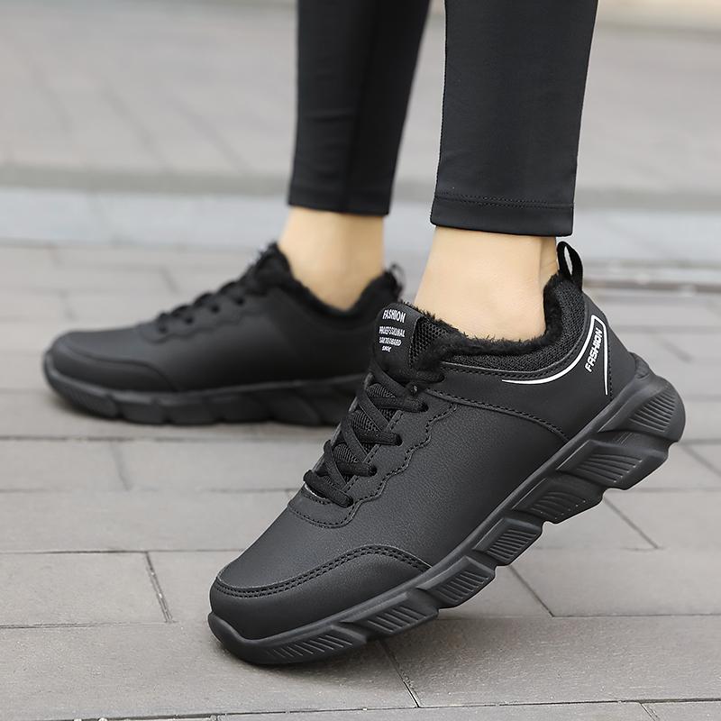 Women Running Shoes PU Leather Lace-up Men Warm Light Walking Sneaker Fitness Sport Flats Comfortable Black Size 35-45 Loafers
