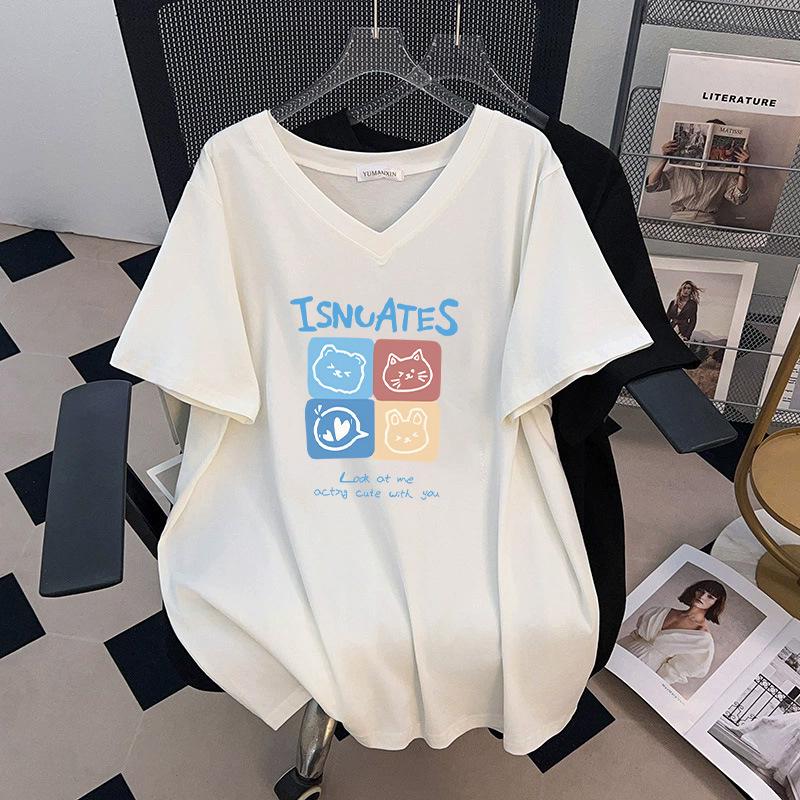 Plus Size V-Neck Mid-Length Short-Sleeve Loose T-Shirt for Women 6XL