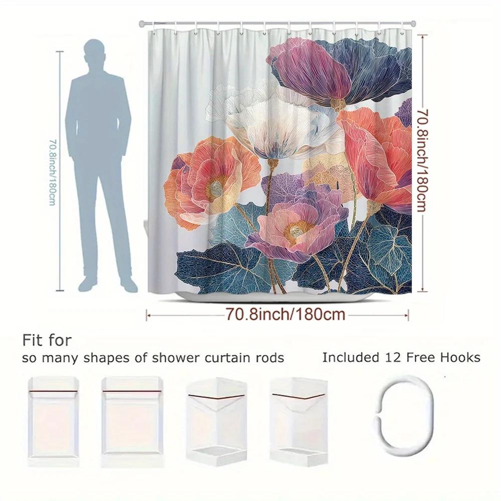 

1Pc Floral Shower Curtain - Elegant Pink, Purple, Blue, Orange, White, Green Botanical Bathroom Decor - Machine Washable Polyest W60H190(CM)-1 Pcs
