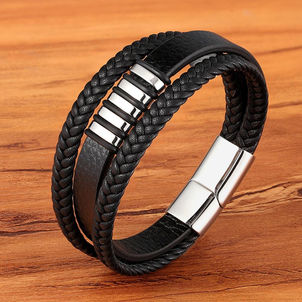 Fashion 3 Layers Black Punk Style Design Leather Bracelet for Men Stainless Steel Magnetic Button Birthday Gift Male Bracelets