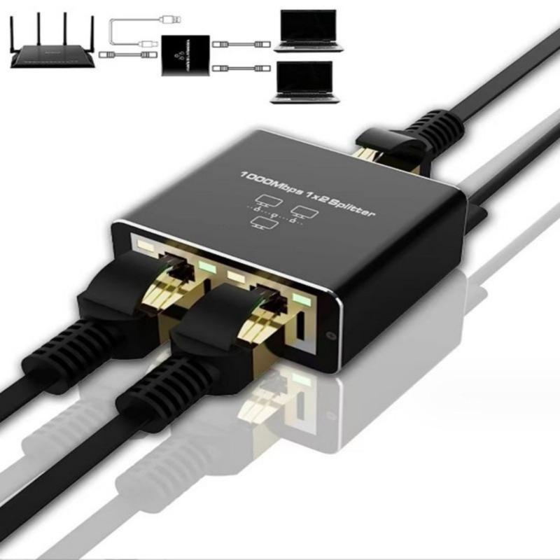 1 to 2 RJ45 Ethernet Splitter Converter with USB Power Cord for Gigabit Networking Expansion Multiple Device Connection