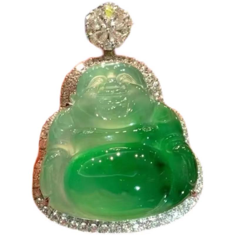 Imperial Green Jade Guanyin Buddha Pendant Necklace with Floating Flowers