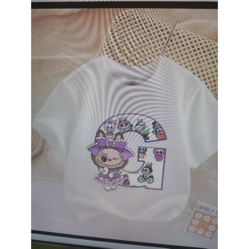 Cute Labubued Letter Printed T-shirt Cotton Summer Outdoor Wear Short Sleeve Girls Clothes Top Cartoon Children Clothing Toddler