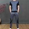 2Pcs/Set O-Neck Short Sleeve Casual Outfit Elastic Waistband Drawstring Pockets Men Patchwork Color T-shirt Jogging Pants Set Streetwear