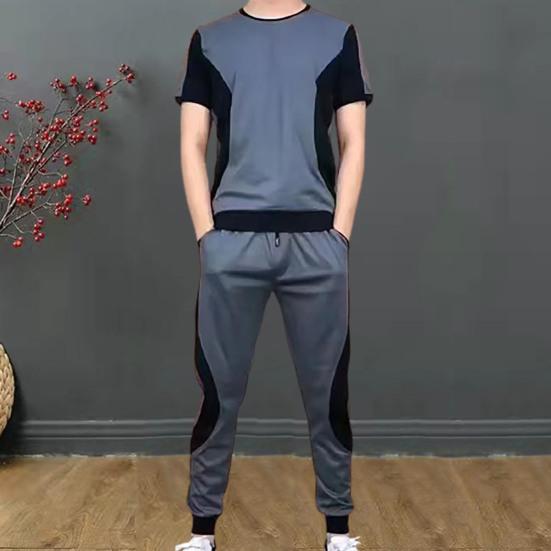 2Pcs/Set O-Neck Short Sleeve Casual Outfit Elastic Waistband Drawstring Pockets Men Patchwork Color T-shirt Jogging Pants Set Streetwear