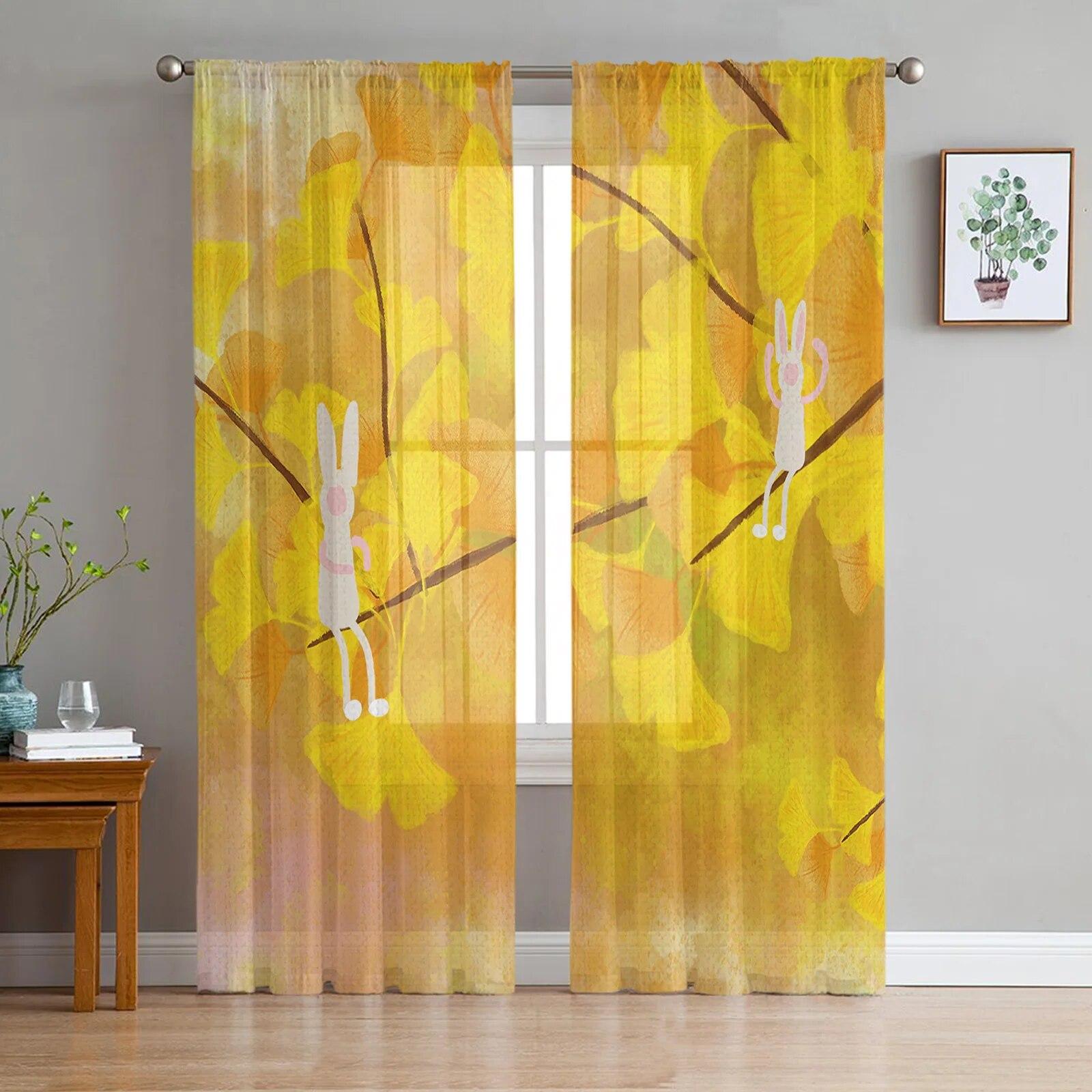 

Лист гинкго, осенний пейзаж, тюлевые шторы для гостиной, прозрачные оконные занавески, современный декор для спальни 135W x 114H(cm)