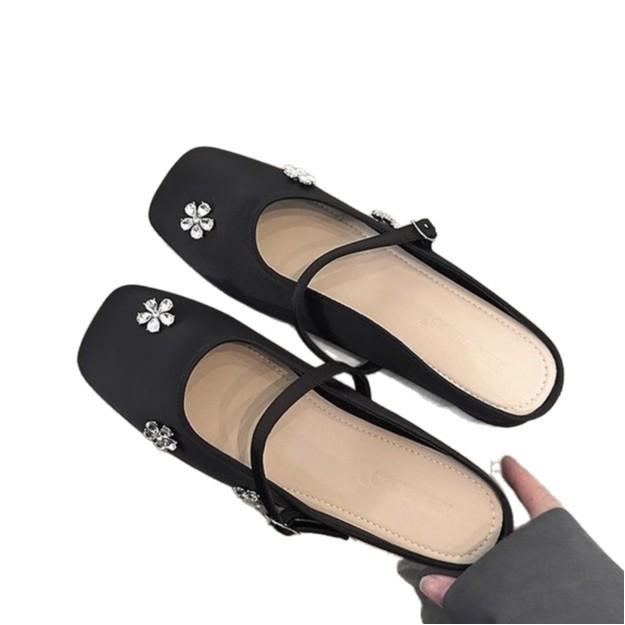 Rhinestone Flower Bag Head Half Slippers Women's Summer Wear 2025 New French Beautiful Half Drag Mary Jane Flat Shoes