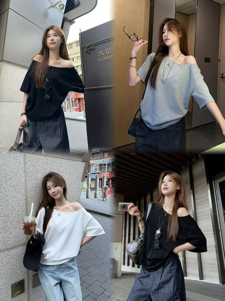 Spicy Girl Asymmetrical Neck Short-Sleeve T-Shirt - Women's Summer 2025 Korean Style Loose Slimming Top