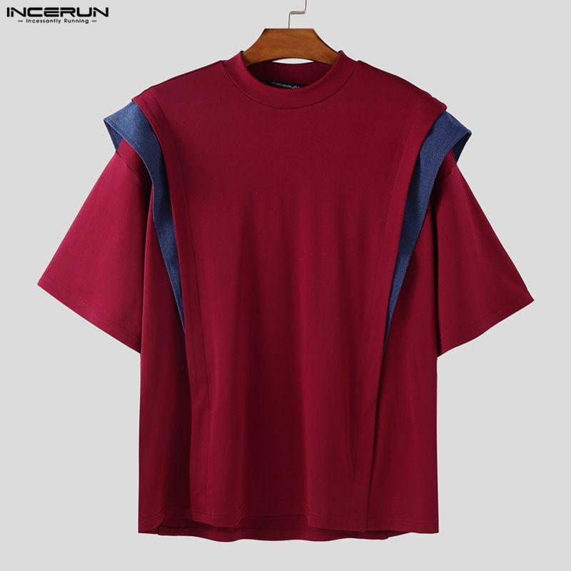 INCERUN Men Round Neck Short Sleeve Patchwork Oversized T-Shirts Tops