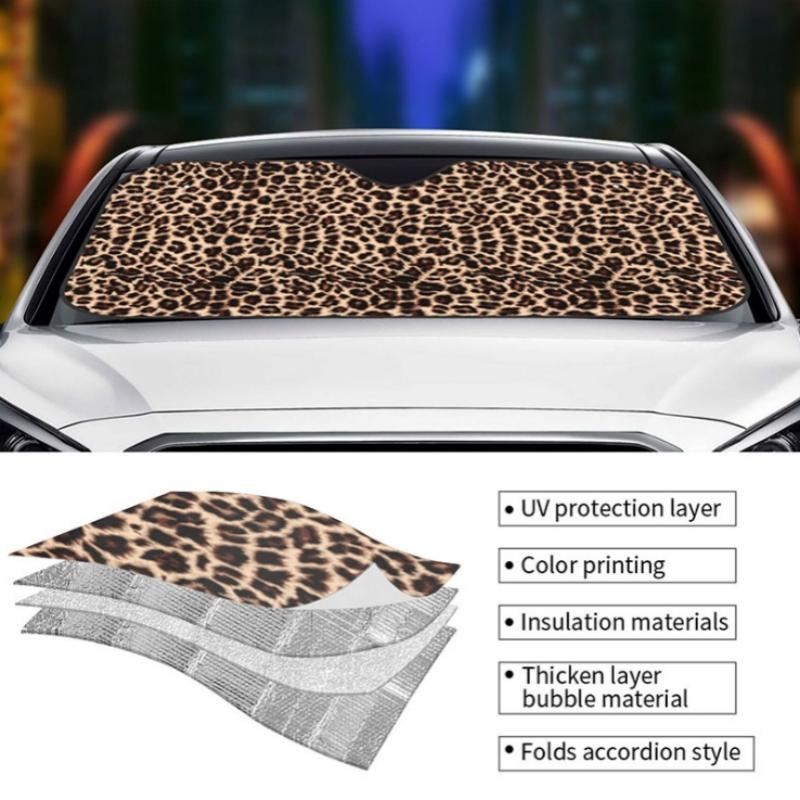 For Car Leopard Print Sunshade Car Front Windscreen Sunscreen Heat Insulation Sunshade Retractable