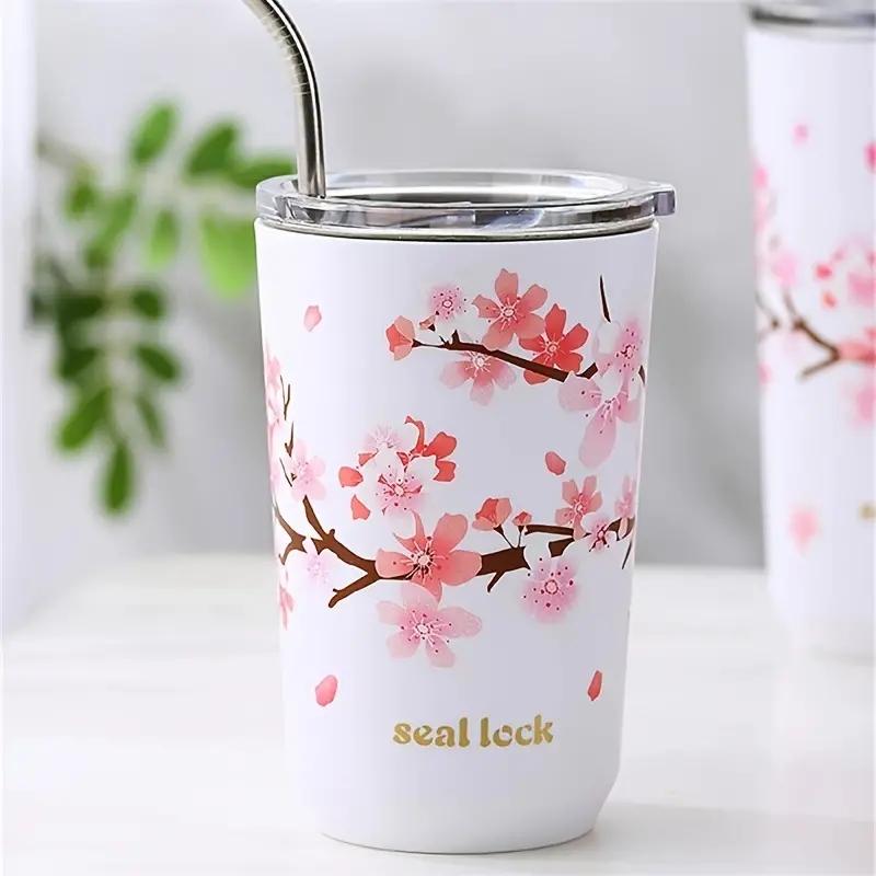 1pc 304 Stainless Steel Ins Hands-on Cup Straw High-value Girls Milk Tea Coffee Cup Anti-fall Water Bottle Water Cup Cherry Blos