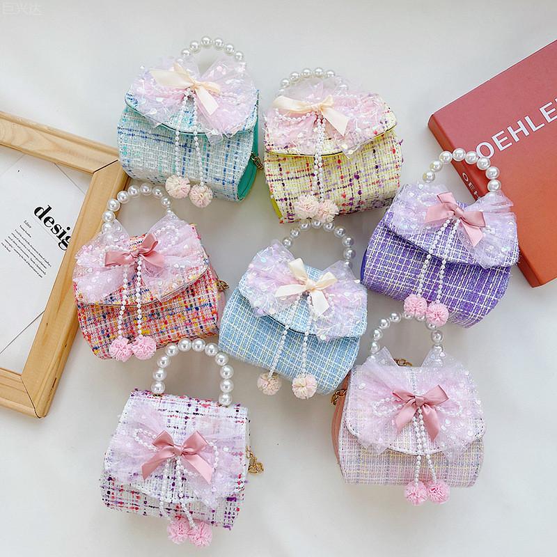 Cute Small Fashion Handbag For Kids In Various Colors With Stylish Bow And Pearl Details