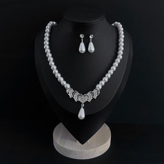 2Pcs/Set Imitation Pearl Jewelry Set Retro French Style Blue Waterdrop Faux Gem Charm Necklace Earrings Set