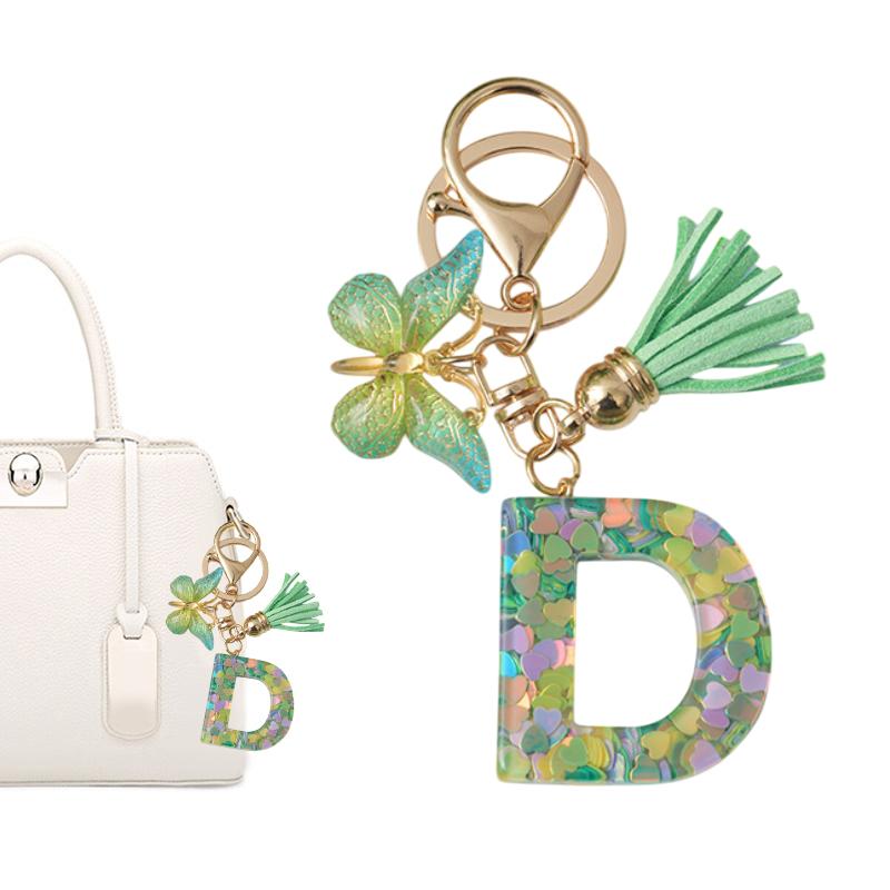 A-Z Initial Letter Keychain Green Butterfly Tassel Letter Charm Bag Pendant Couple Key Holder Pendant For Friend Gifts
