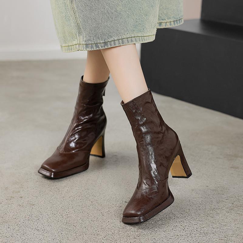 Krazing Pot Sheepskin Winter Square Thick High Heels Chelsea Boots Women Zipper Platform Ankle Boots