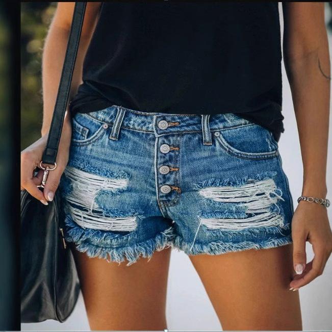 Ripped Vintage Denim Women Jeans Shorts Washed Tassel Button High Waist Holes Spliced Summer Pockets Distressed Basics