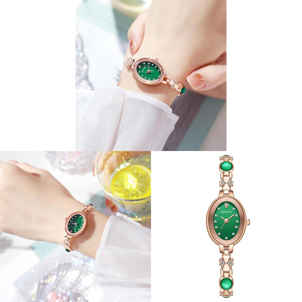 Elegant Ladies Watch With Green Gemstone Dial Quartz Movement For Casual Wear
