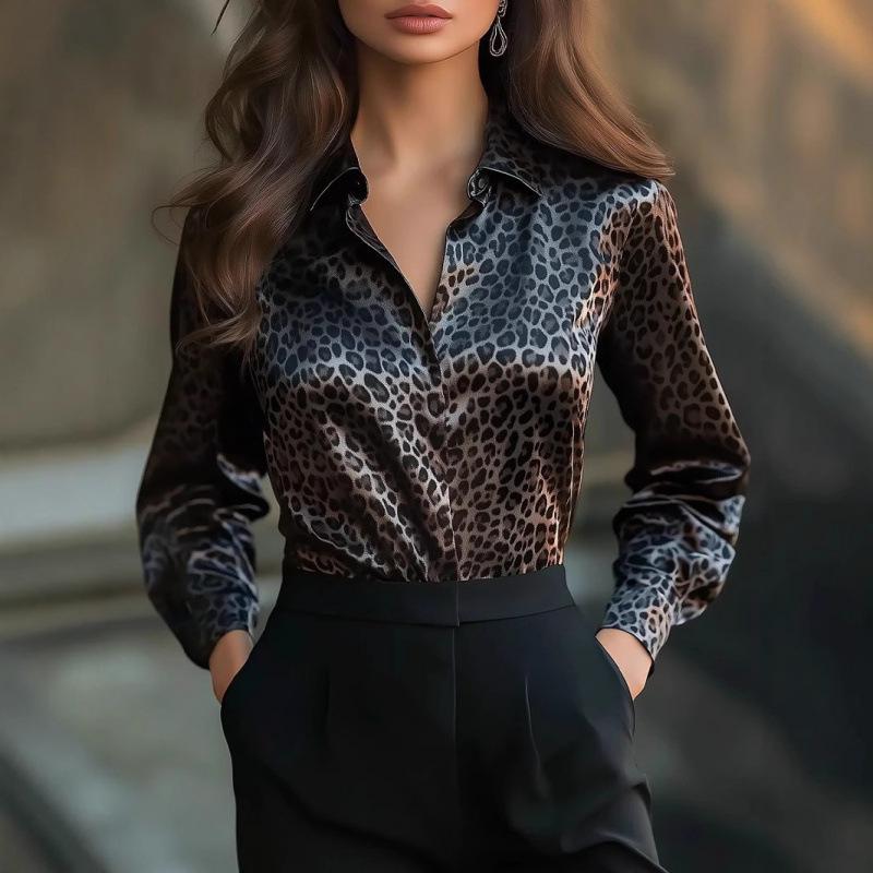 2025 Spring Leopard Print Satin Casual Loose Button-Up Shirt for Women