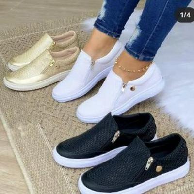 Baskets plates blanches à bout rond pour femmes grandes tailles avec fermeture éclair latérale (Tailles 36-43)