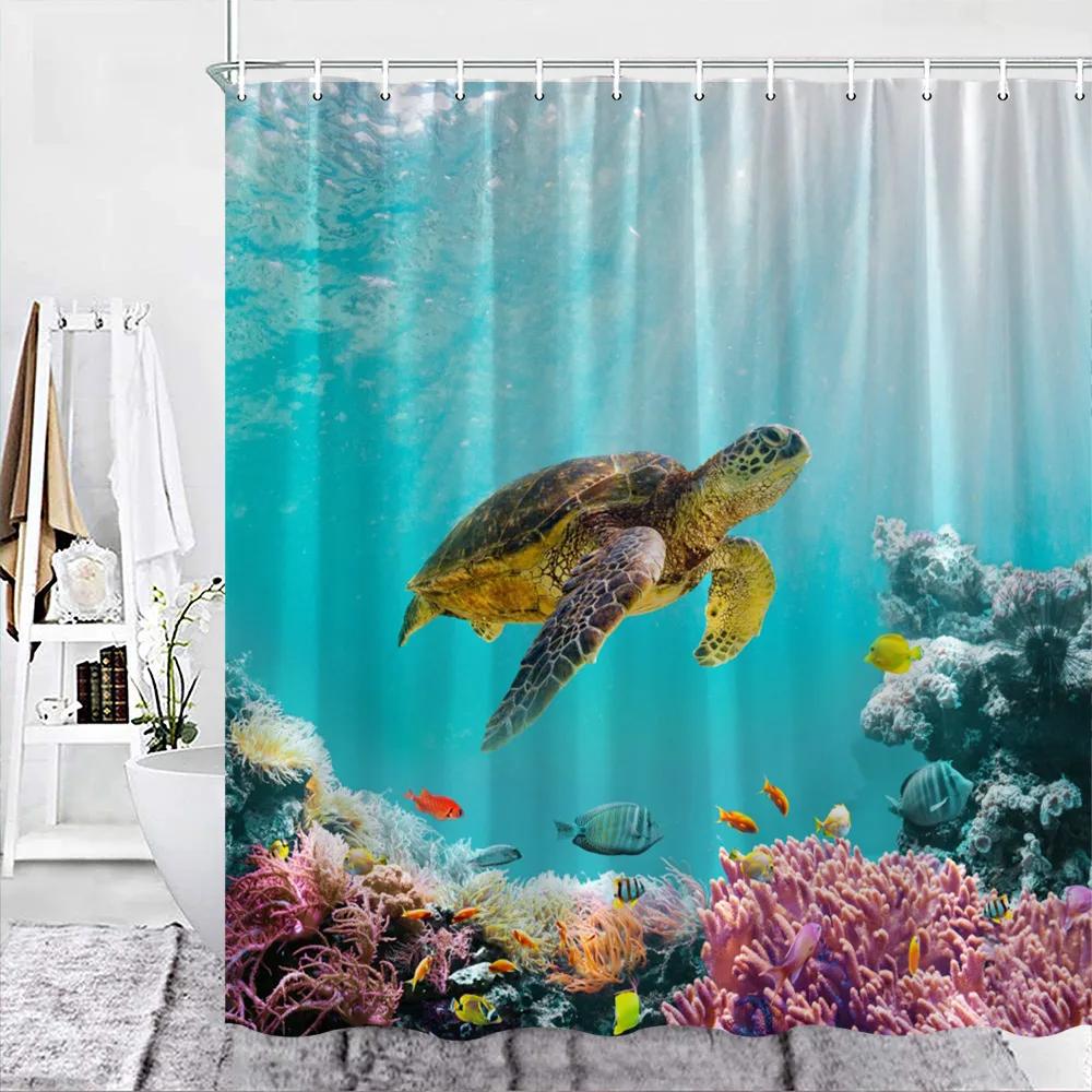 Sea Turtle Theme Shower Curtain Set Wooden Board Coral Water Plants Bubble Sea Life Bathroom Curtain Fabric Decor Washable Hooks