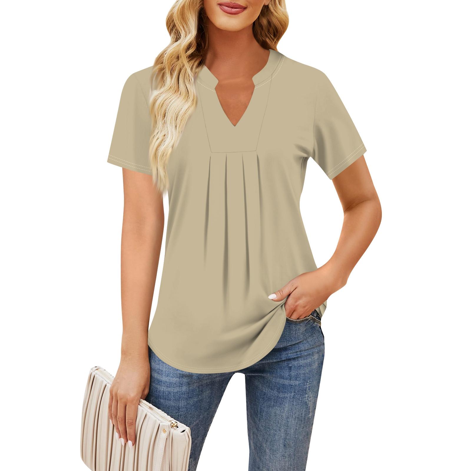 Женская повседневная свободная футболка с коротким рукавом и v-образным вырезом на груди — фото 7