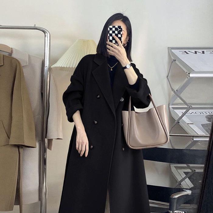 2025 Autumn/Winter Women's Wool Loose Double-Breasted Black Mid-Length Coat, Korean Style.