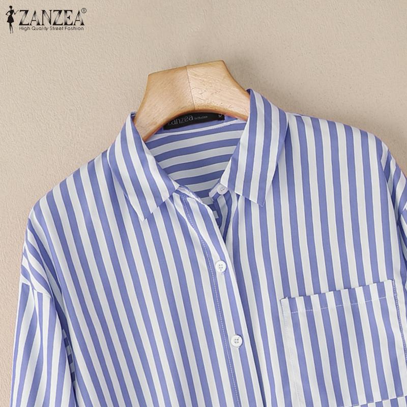 ZANZEA Women Turn Down Collar Long Sleeve Stripe Blouse