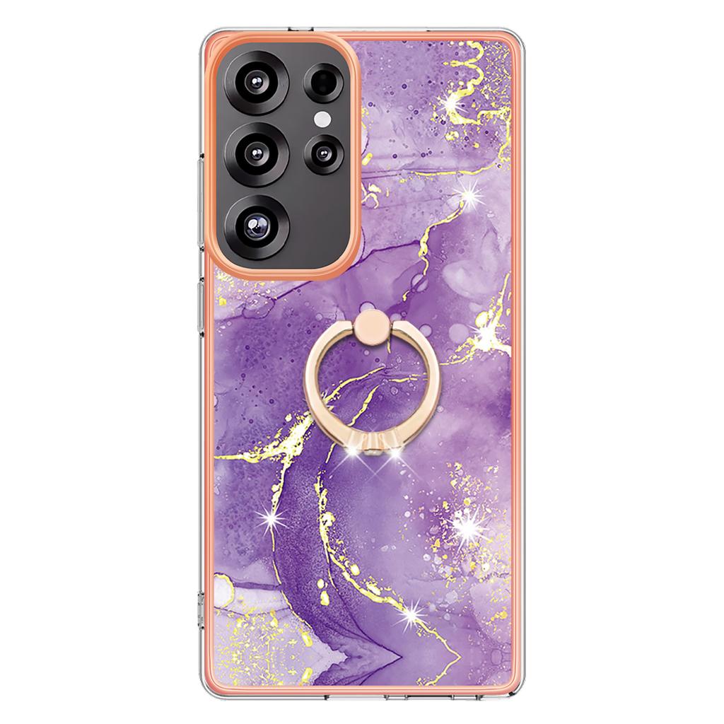 For Samsung Galaxy S25 Ultra Case with Ring Kickstand Marble Pattern Electroplating TPU Back Cover