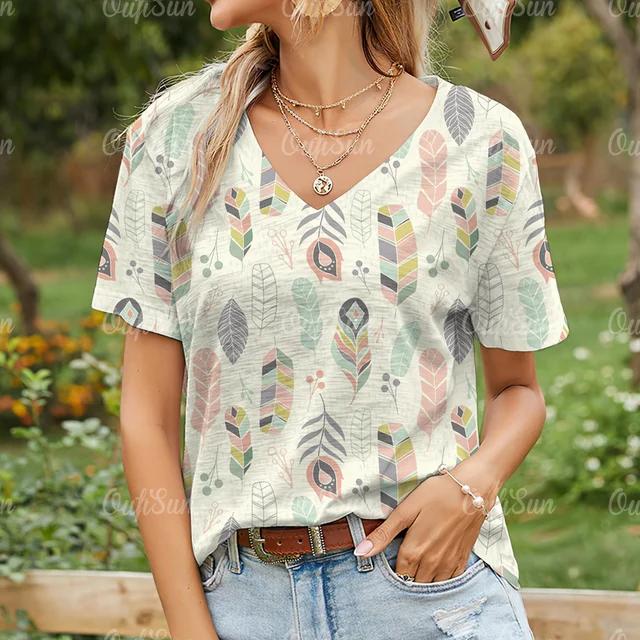 

Жіноча футболка Літні топи з V-подібним вирізом і короткими рукавами Модний пір’яний візерунок 3d принт Повсякденні щоденні футболки Жіночий одяг великого розміру XXXL