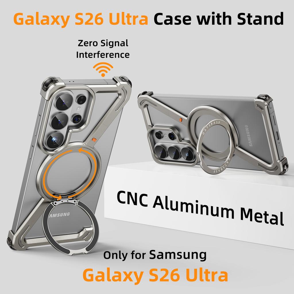 Oatsbasf pro Samsung Galaxy S26 Ultra Bezrámový kovový nárazník Z pouzdro Pouzdro na telefon s 360° otočným stojánkem Magnetický nárazuvzdorný kryt
