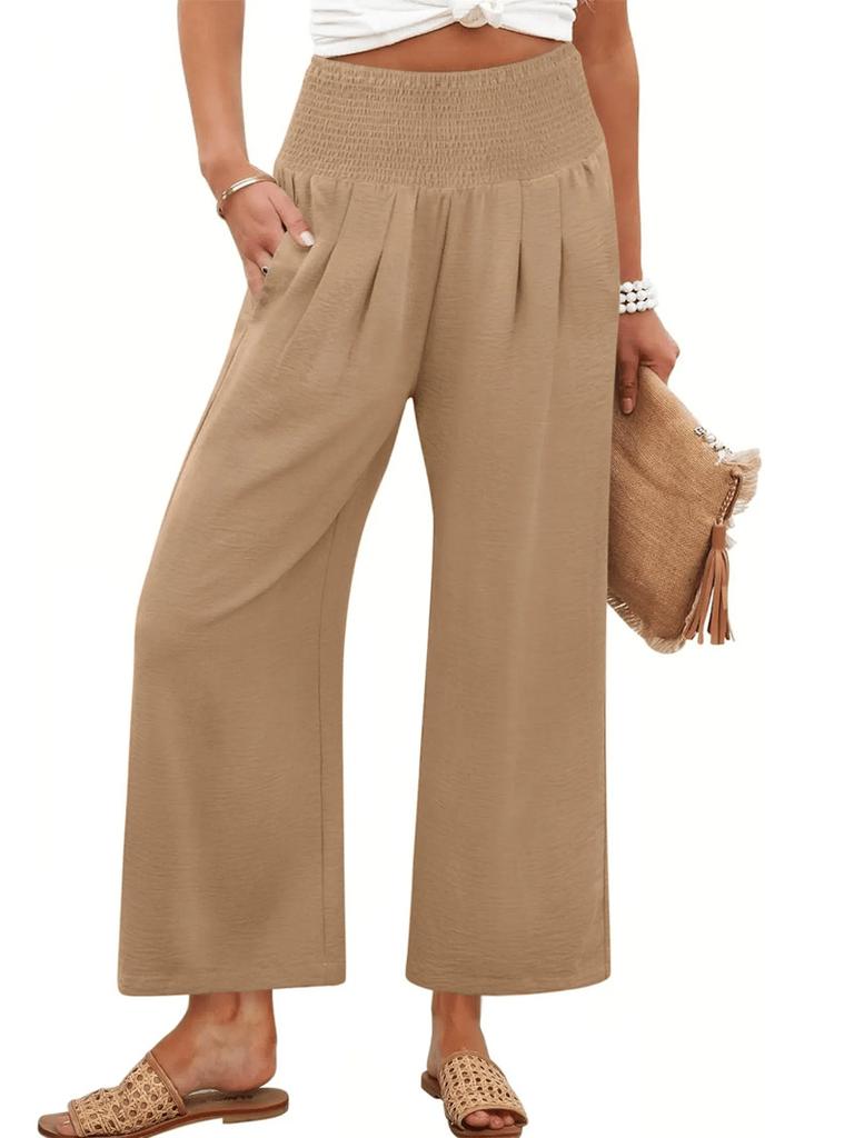 Women's High Waist Elastic Waist Wide Leg Pants In Olive Green