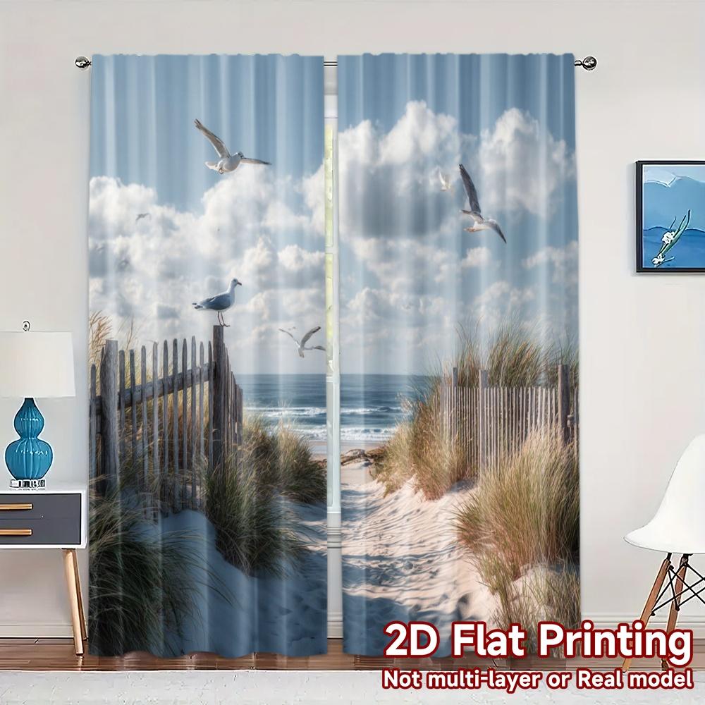 

Set Of 2 Flat Printing Curtains Without Rod Seaside Serenity Chic Digital Printed Polyester Easy Install Curtain W100*H70(CM)-Hooks&2PCS