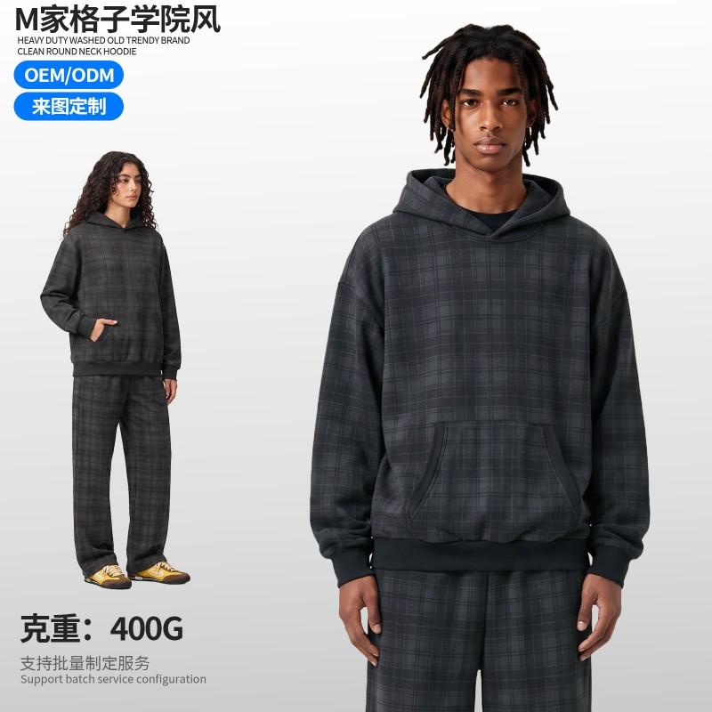 Mens Oversized Hooded Sweatshirt Cotton Plaid Fall Winter Casual Wear