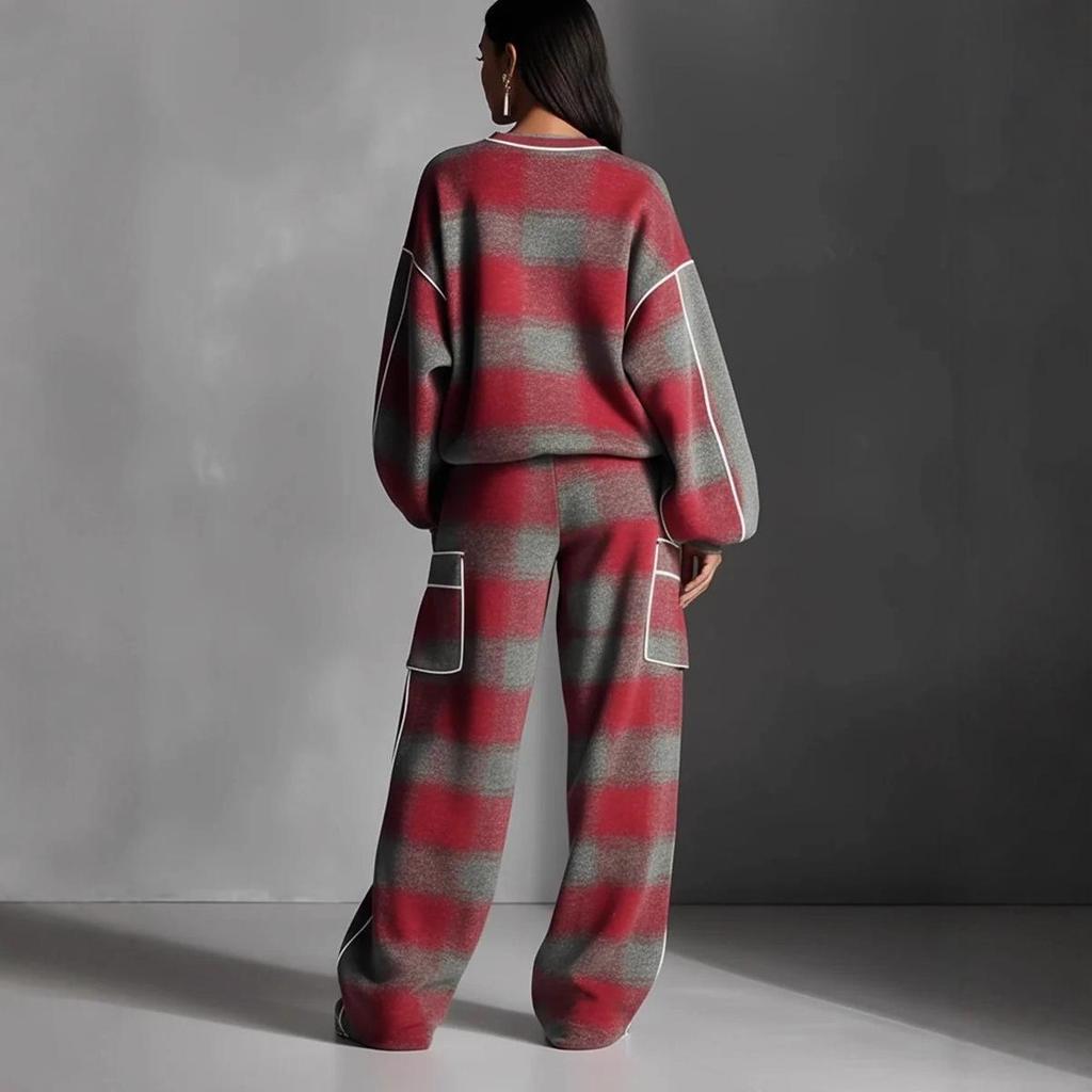 Women's Plaid Distressed Color Block Piping Pantsuit Set - European & American Street Style 2025