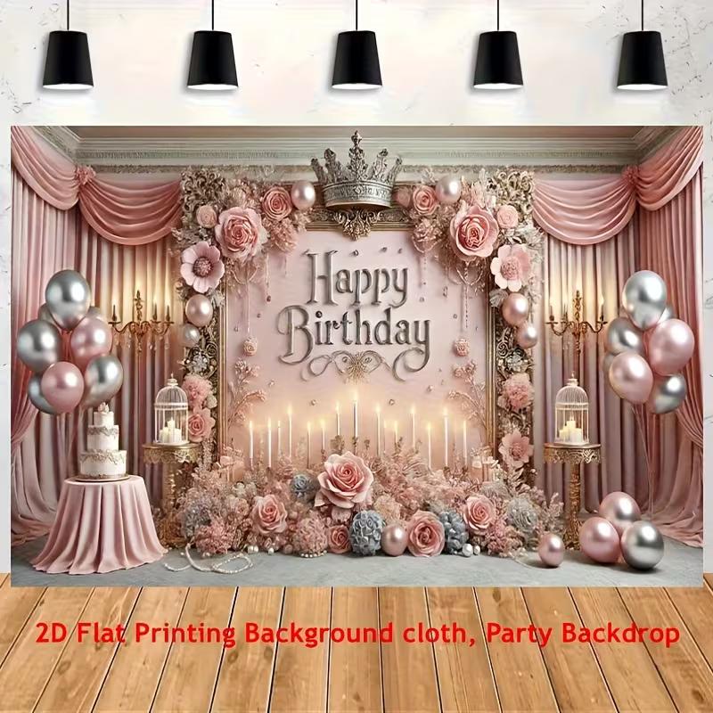 2D Luxury Pink Rose & Crown Happy Birthday Photography Background Banner