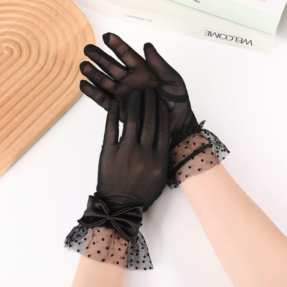 Polka Dot Wedding Bridal Gloves White Long Finger Mittens Retro Black Lace Gloves  Funeral