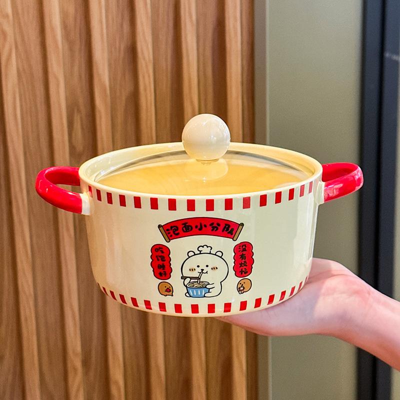 Cute Cartoon Instant Noodle Bowl with Lid, Large-capacity Ceramic Noodle Bowl for Dormitory Students, Binaural Snail Powder Bowl for Personal Use
