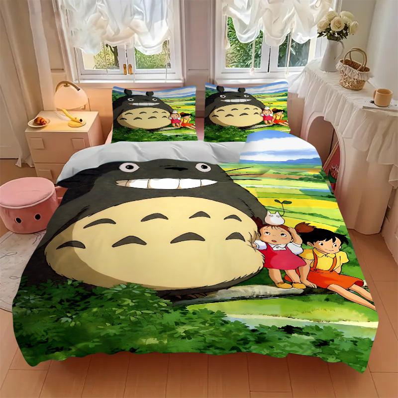 Nachbar Totoro Abenteuer Druck 3-teiliges Bettwäsche-Set Bettbezug mit 2 Kissenbezügen Zuhause Geburtstagsgeschenk