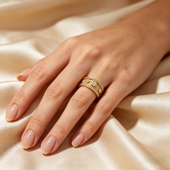 Finger Band Adjustable Anti-Anxiety Fidget Ring Stainless Steel Cubic Zirconia Inlaid Rotating Design Meditation Ring