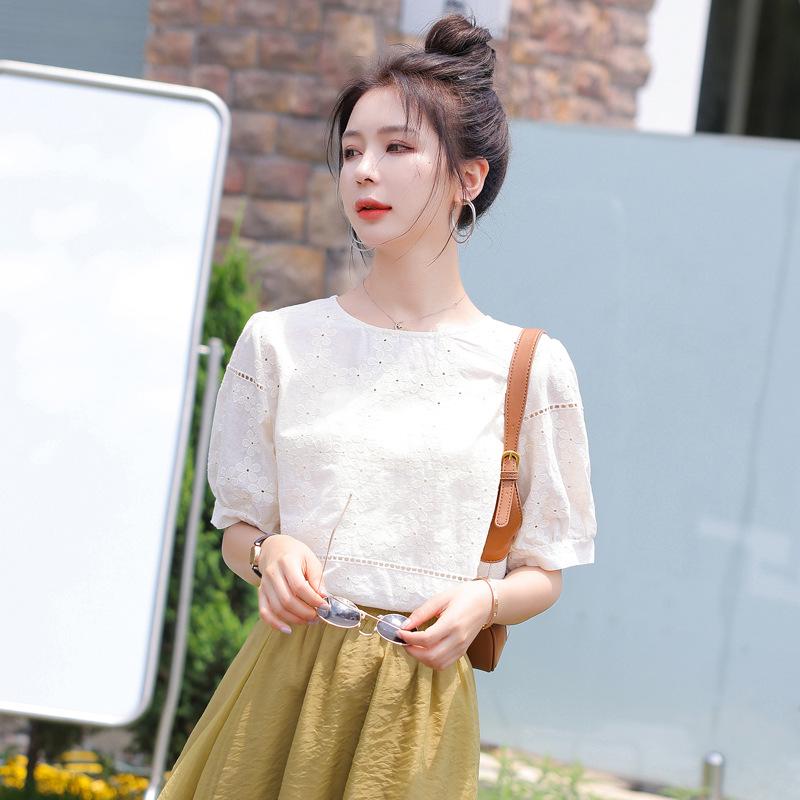 

Корейская хлопковая блузка с кружевом, связанная крючком - Лето 2025, Свободный крой, Рукав семь восьмых Large